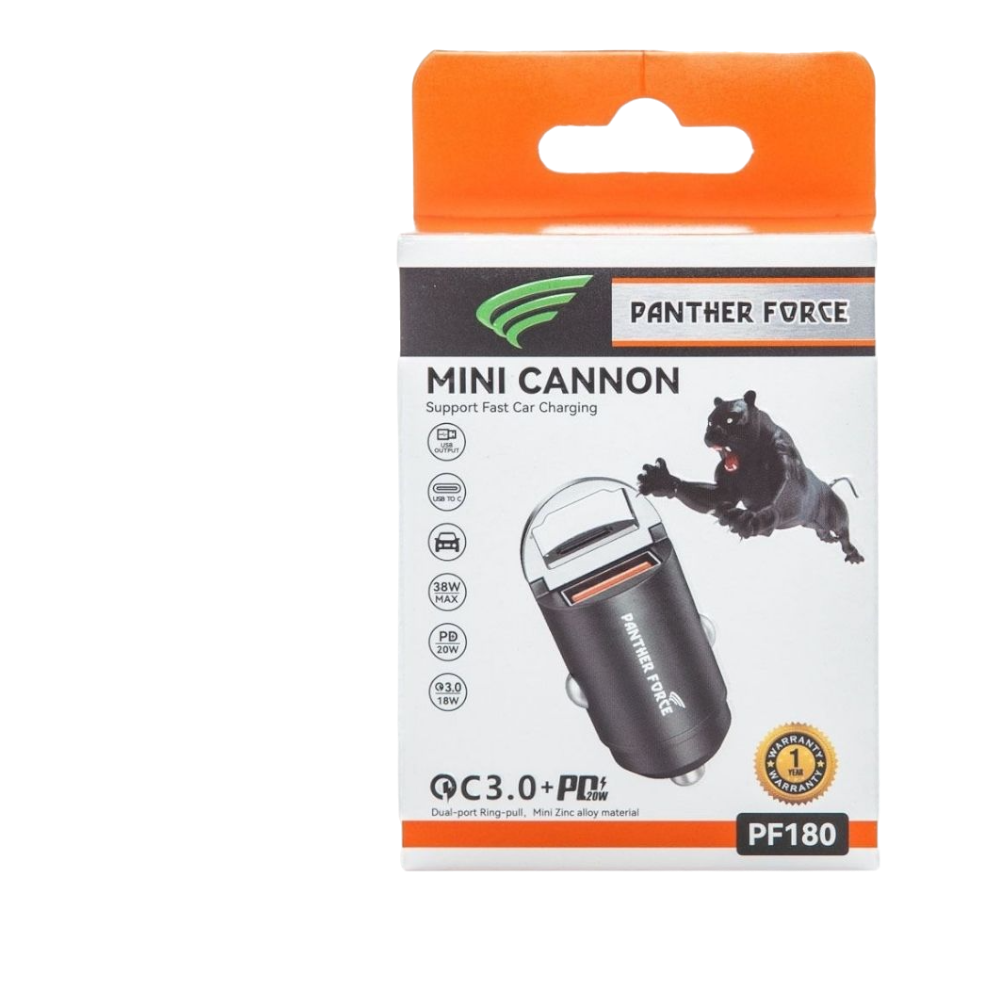 Panther Force Mini-Cannon Type-C + USB-A 20W Car Charger - PF180 - Dual Charging Ports, Fast Charging, Compact Design, Universal Compatibility Panther Force Mini-Cannon Type-C + USB-A 20W Car Charger - PF180 - Dual Charging Ports, Fast Charging, Compact Design, Universal Compatibility